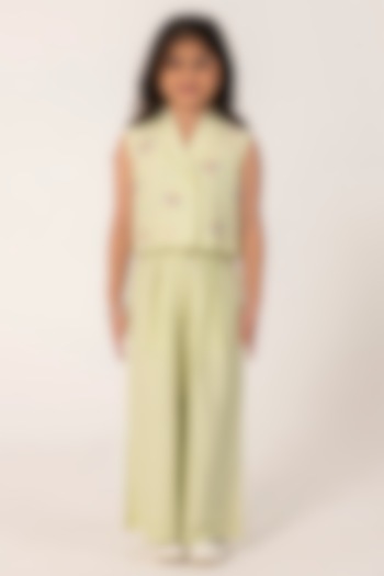 Sea Green Cotton Silk Embroidered Co-Ord Set For Girls by Partykles at Pernia's Pop Up Shop