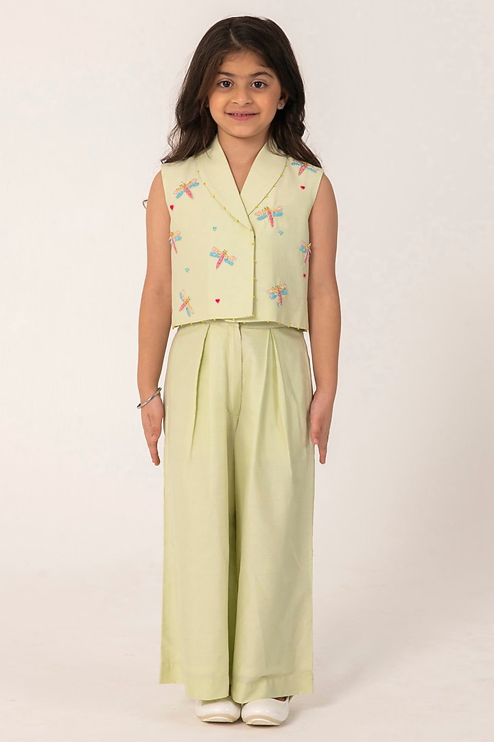 Sea Green Cotton Silk Embroidered Co-Ord Set For Girls by Partykles at Pernia's Pop Up Shop