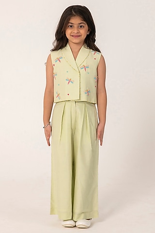 Sea Green Cotton Silk Embroidered Co-Ord Set For Girls by Partykles