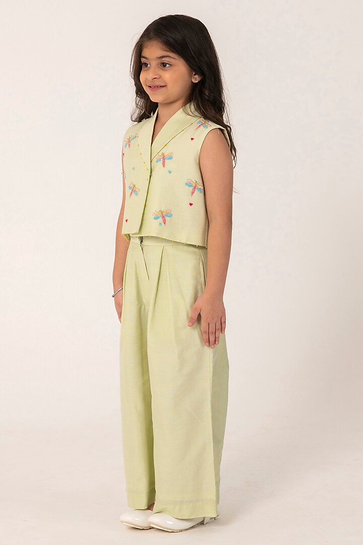 Sea Green Cotton Silk Embroidered Co-Ord Set For Girls by Partykles at Pernia's Pop Up Shop