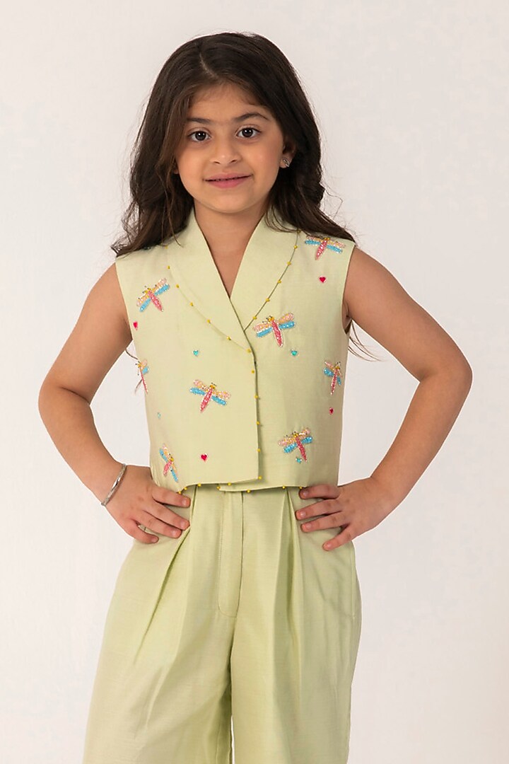 Sea Green Cotton Silk Embroidered Co-Ord Set For Girls by Partykles at Pernia's Pop Up Shop