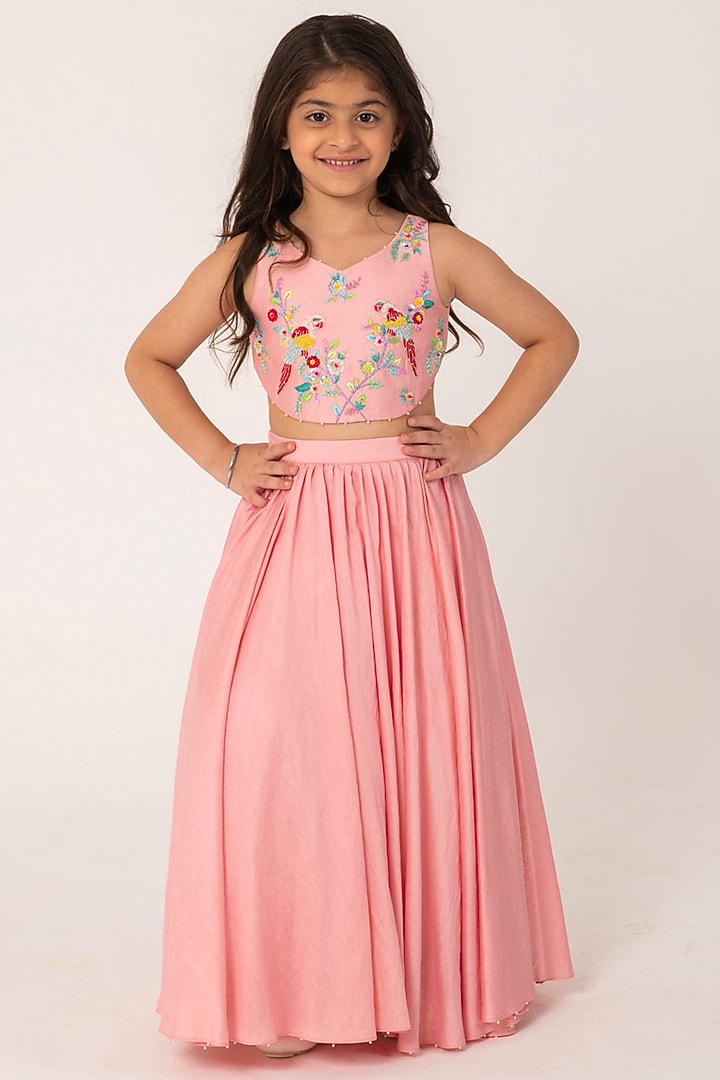 Coral Chanderi Lehenga Set For Girls by Partykles at Pernia's Pop Up Shop