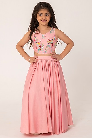 Coral Chanderi Lehenga Set For Girls by Partykles