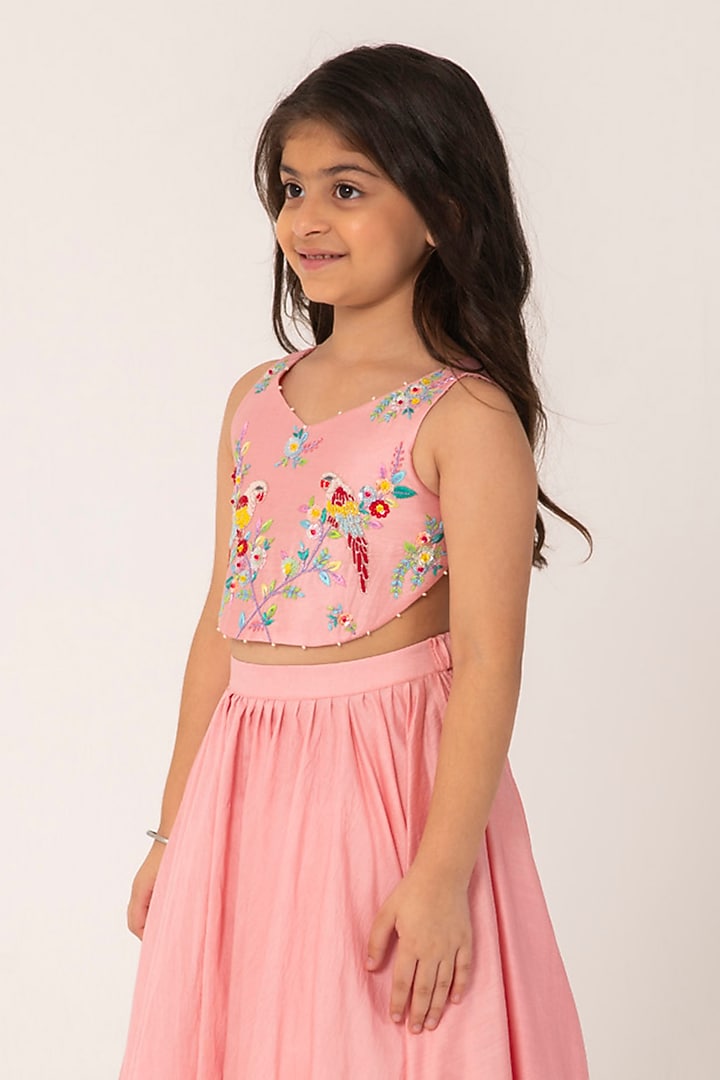 Coral Chanderi Lehenga Set For Girls by Partykles at Pernia's Pop Up Shop