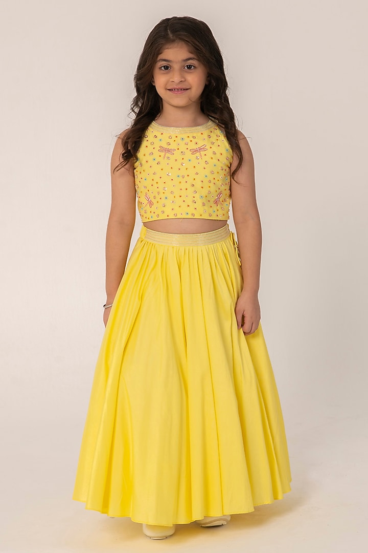 Yellow Chanderi Lehenga Set For Girls by Partykles at Pernia's Pop Up Shop