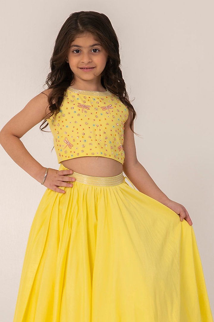 Yellow Chanderi Lehenga Set For Girls by Partykles at Pernia's Pop Up Shop