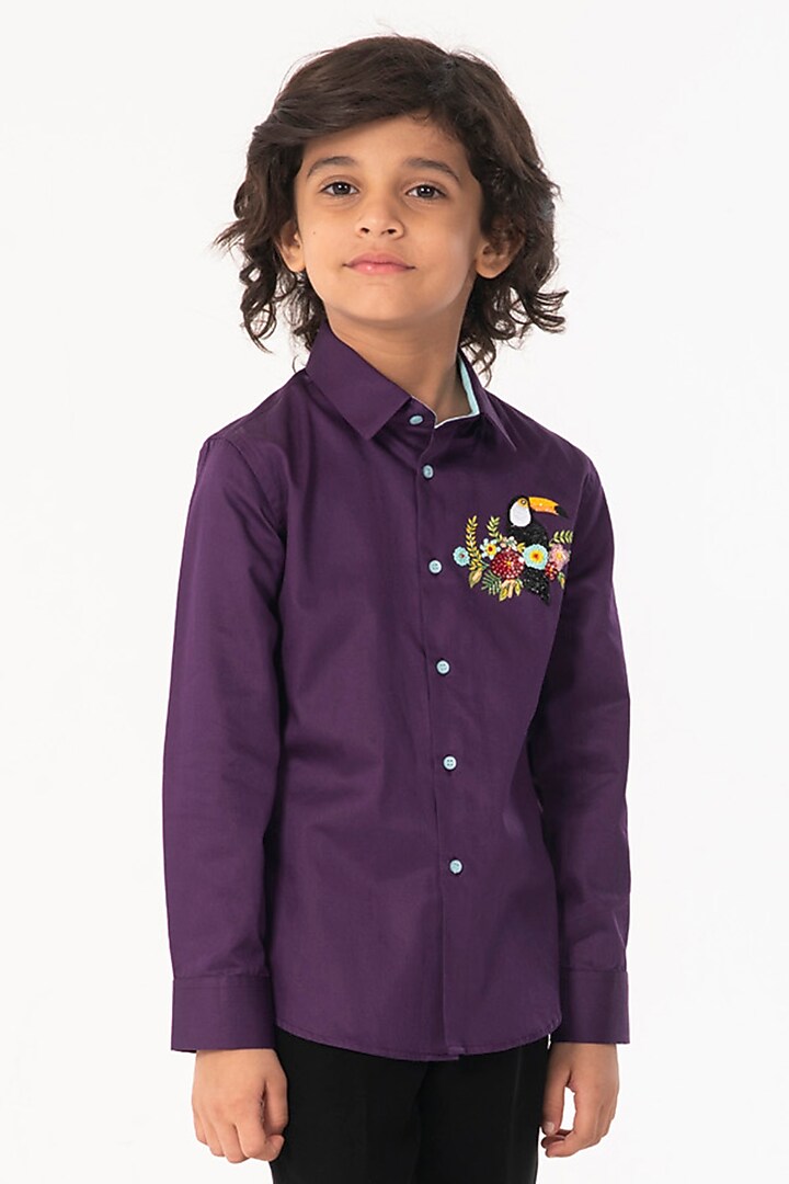 Purple Cotton Embroidered Shirt For Boys by Partykles at Pernia's Pop Up Shop