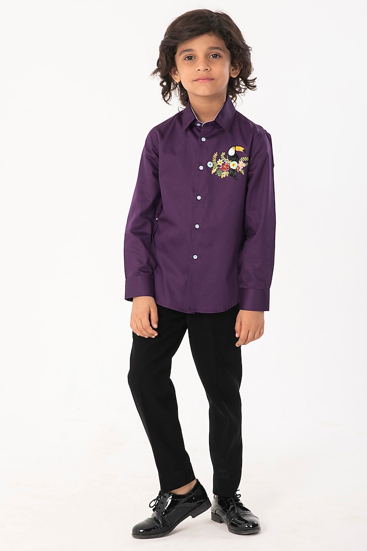Purple Cotton Embroidered Shirt For Boys by Partykles at Pernia's Pop Up Shop