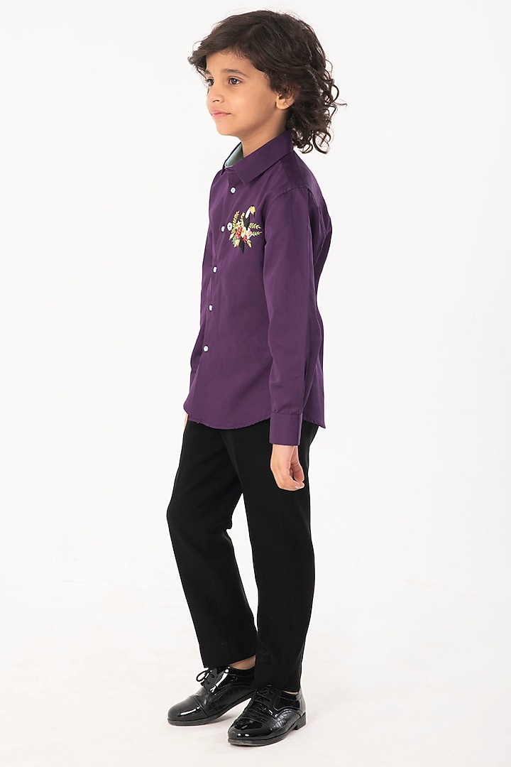 Purple Cotton Embroidered Shirt For Boys by Partykles at Pernia's Pop Up Shop