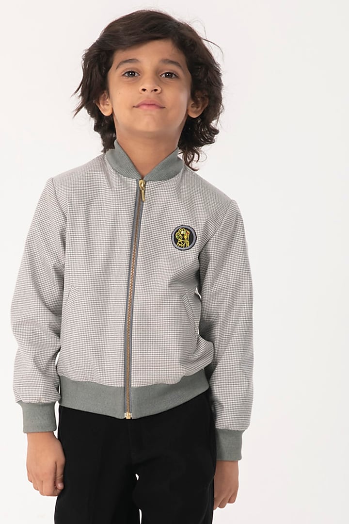 Grey Terry Rayon Bomber Jacket For Boys by Partykles at Pernia's Pop Up Shop