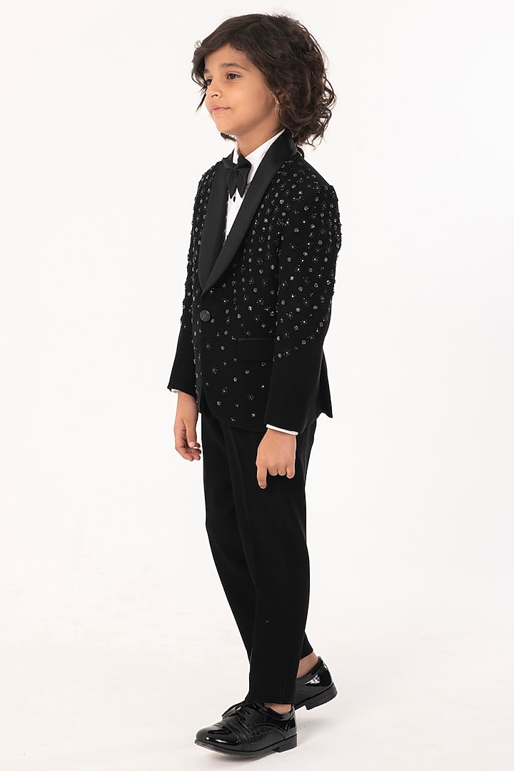 Black Polyester Suiting Embroidered Tuxedo Set For Boys by Partykles at Pernia's Pop Up Shop