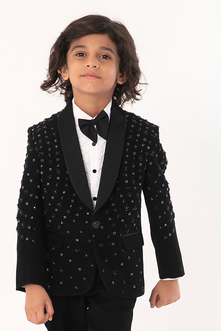 Black Polyester Suiting Embroidered Tuxedo Set For Boys by Partykles at Pernia's Pop Up Shop