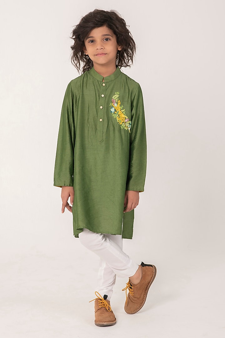 Green Chanderi Embroidered Kurta Set For Boys by Partykles at Pernia's Pop Up Shop