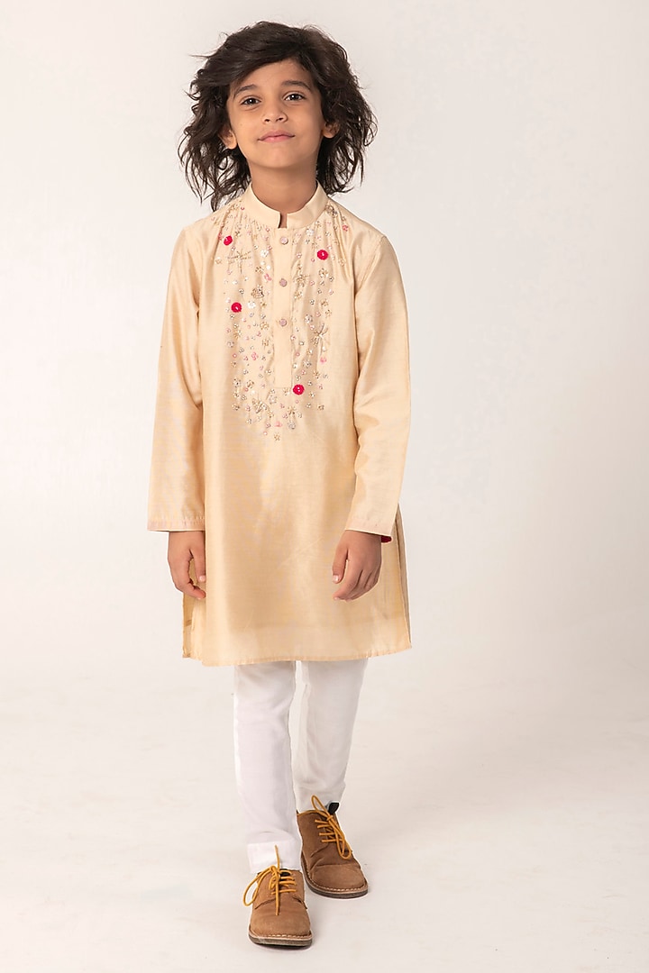 Golden Beige Chanderi Embroidered Kurta Set For Boys by Partykles at Pernia's Pop Up Shop