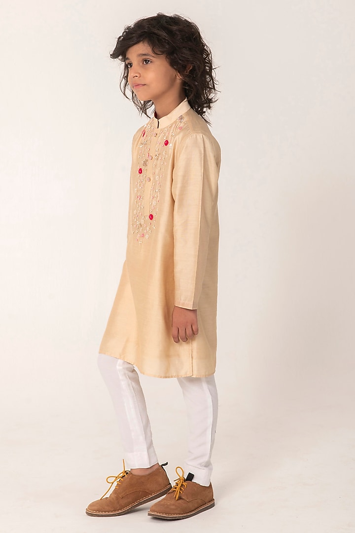 Golden Beige Chanderi Embroidered Kurta Set For Boys by Partykles at Pernia's Pop Up Shop