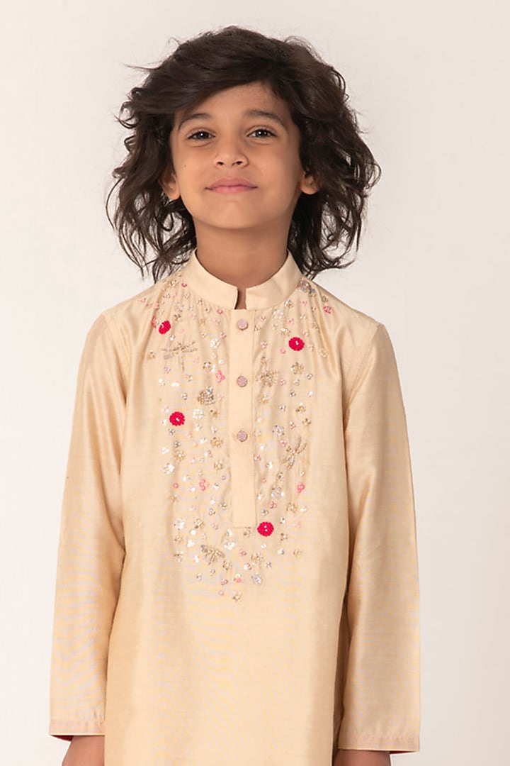 Golden Beige Chanderi Embroidered Kurta Set For Boys by Partykles at Pernia's Pop Up Shop