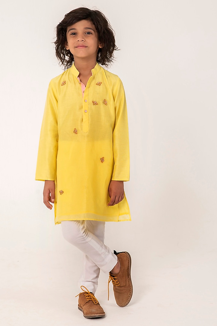 Yellow Chanderi Embroidered Kurta Set For Boys by Partykles at Pernia's Pop Up Shop