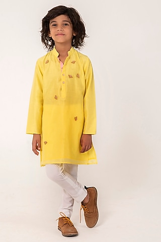 Yellow Chanderi Embroidered Kurta Set For Boys by Partykles