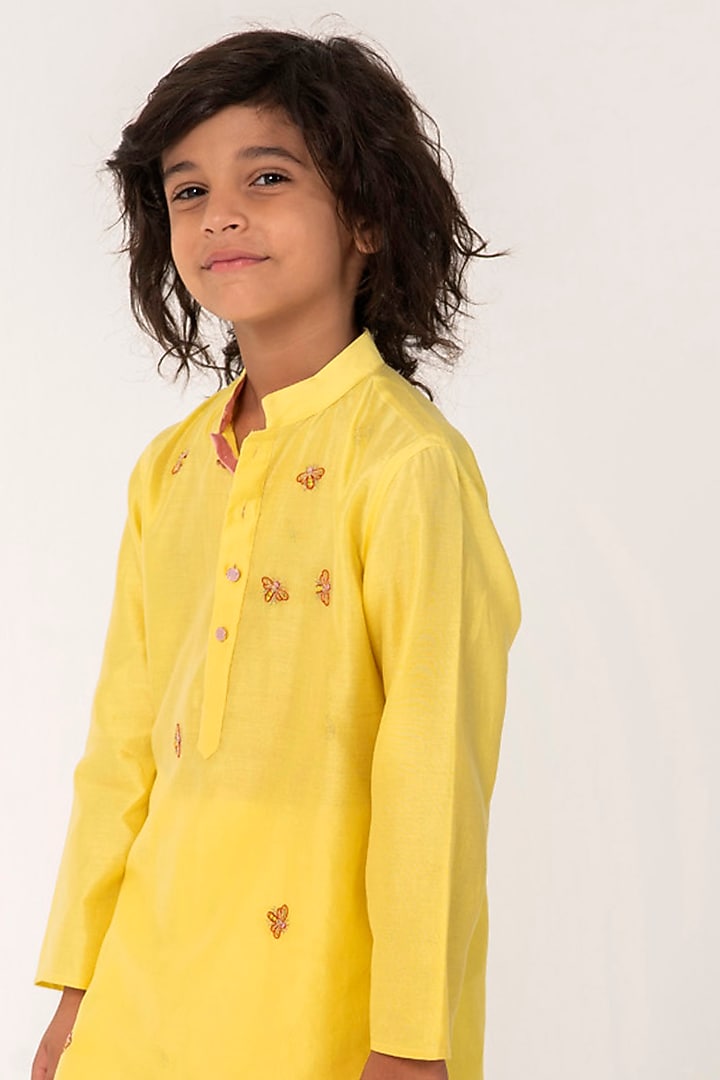 Yellow Chanderi Embroidered Kurta Set For Boys by Partykles at Pernia's Pop Up Shop