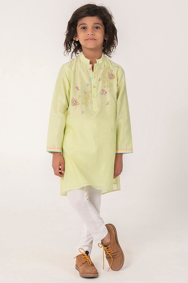 Pista Green Chanderi Embroidered Kurta Set For Boys by Partykles at Pernia's Pop Up Shop