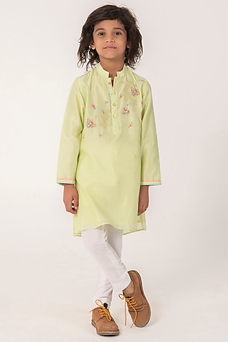 Pista Green Chanderi Embroidered Kurta Set For Boys by Partykles