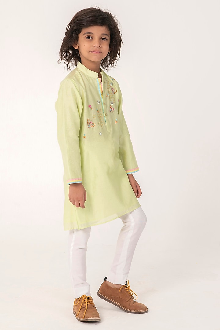 Pista Green Chanderi Embroidered Kurta Set For Boys by Partykles at Pernia's Pop Up Shop