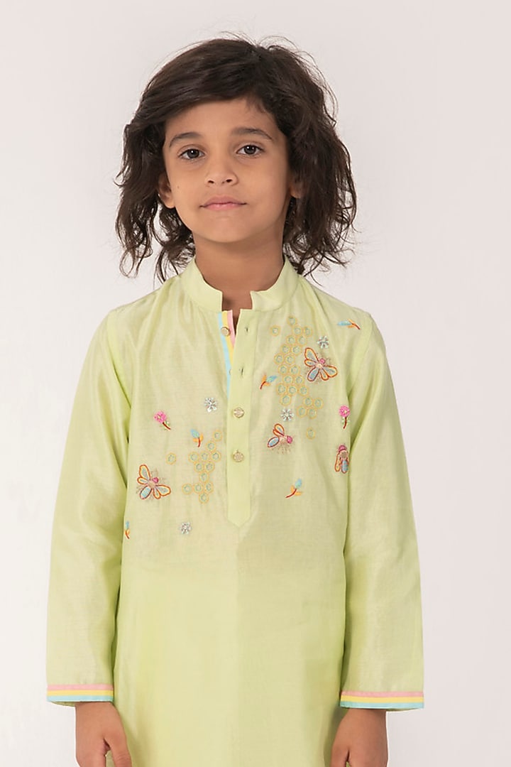 Pista Green Chanderi Embroidered Kurta Set For Boys by Partykles at Pernia's Pop Up Shop