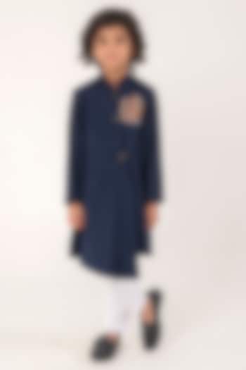 Navy Blue Suiting Embroidered Kurta Set For Boys by Partykles at Pernia's Pop Up Shop