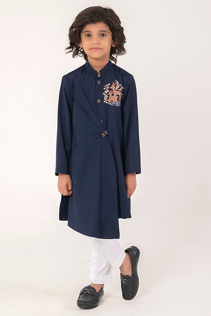 Navy Blue Suiting Embroidered Kurta Set For Boys by Partykles at Pernia's Pop Up Shop