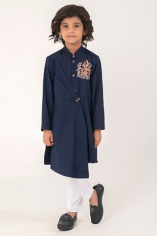 Navy Blue Suiting Embroidered Kurta Set For Boys by Partykles
