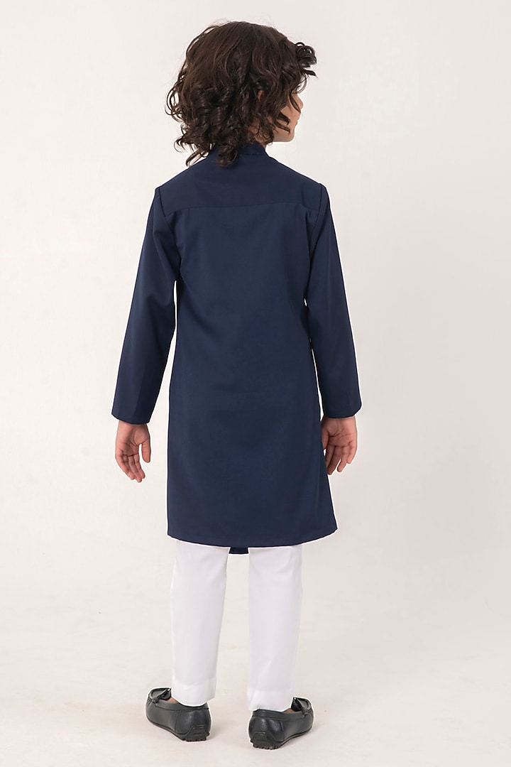 Navy Blue Suiting Embroidered Kurta Set For Boys by Partykles at Pernia's Pop Up Shop