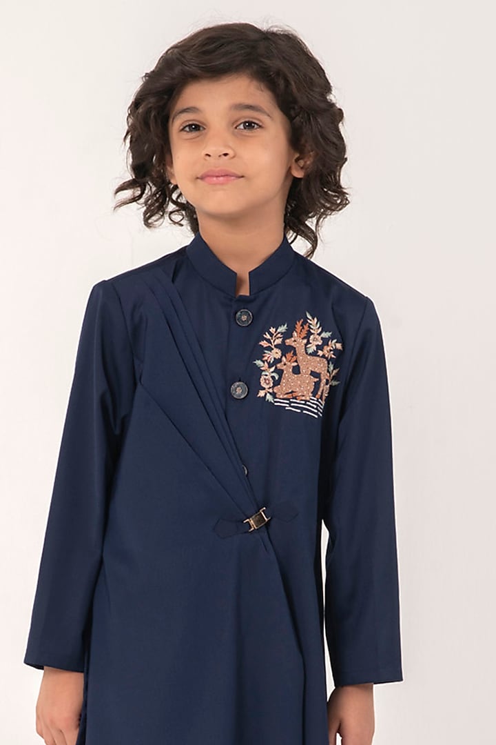Navy Blue Suiting Embroidered Kurta Set For Boys by Partykles at Pernia's Pop Up Shop