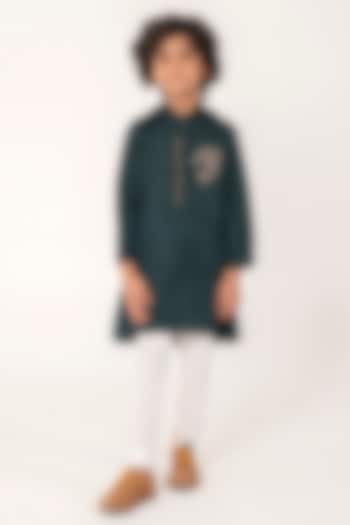 Bottle Green Linen Silk Embroidered Kurta Set For Boys by Partykles at Pernia's Pop Up Shop
