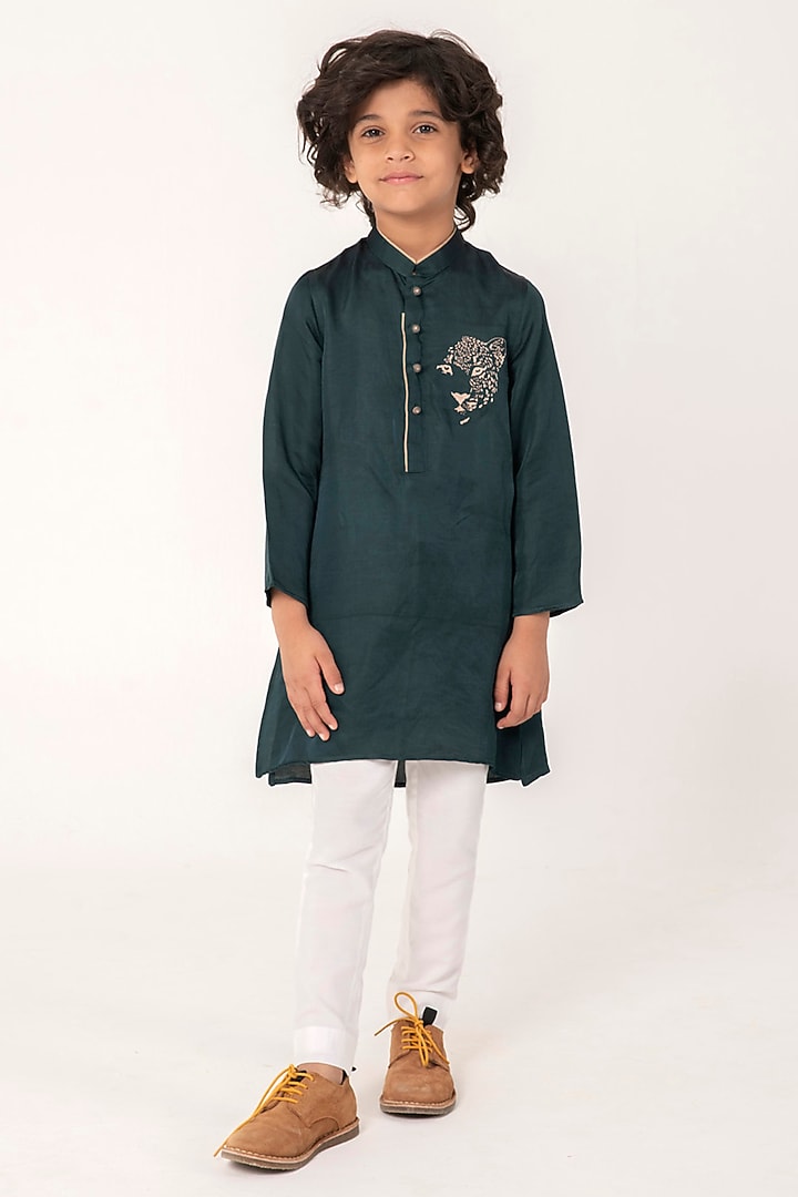 Bottle Green Linen Silk Embroidered Kurta Set For Boys by Partykles at Pernia's Pop Up Shop