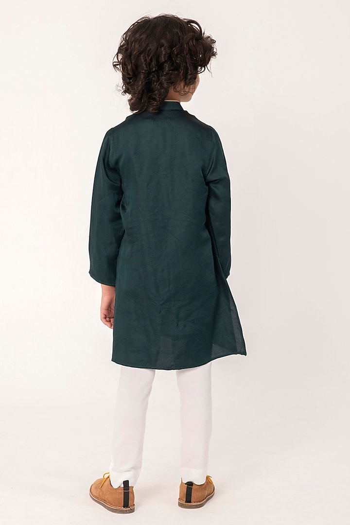Bottle Green Linen Silk Embroidered Kurta Set For Boys by Partykles at Pernia's Pop Up Shop