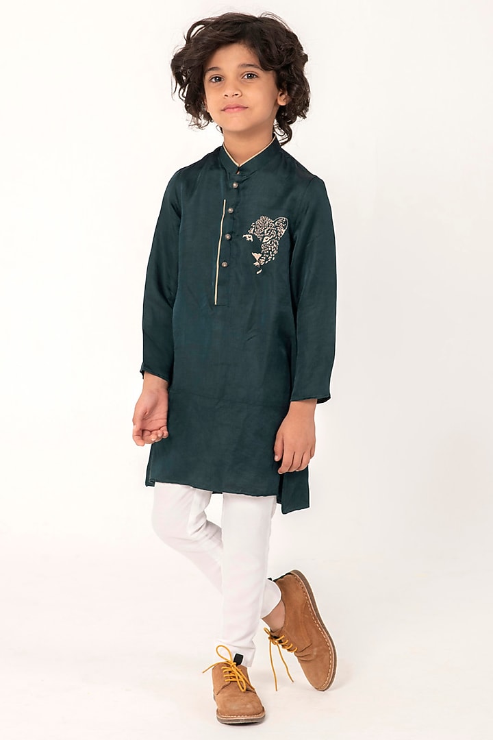 Bottle Green Linen Silk Embroidered Kurta Set For Boys by Partykles at Pernia's Pop Up Shop