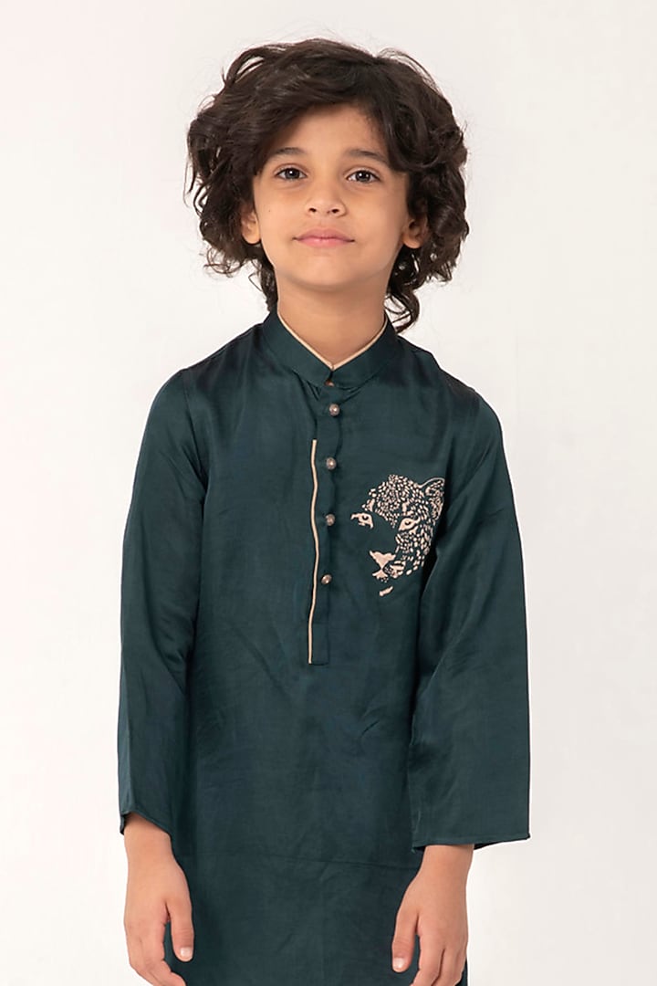 Bottle Green Linen Silk Embroidered Kurta Set For Boys by Partykles at Pernia's Pop Up Shop
