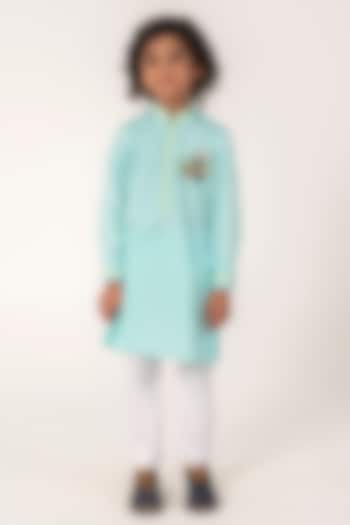 Aqua Blue Cotton Satin Embroidered Kurta Set For Boys by Partykles at Pernia's Pop Up Shop