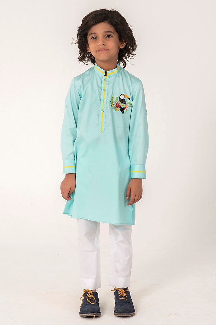 Aqua Blue Cotton Satin Embroidered Kurta Set For Boys by Partykles at Pernia's Pop Up Shop