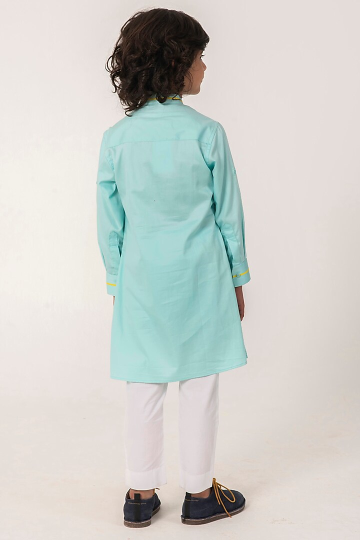Aqua Blue Cotton Satin Embroidered Kurta Set For Boys by Partykles at Pernia's Pop Up Shop