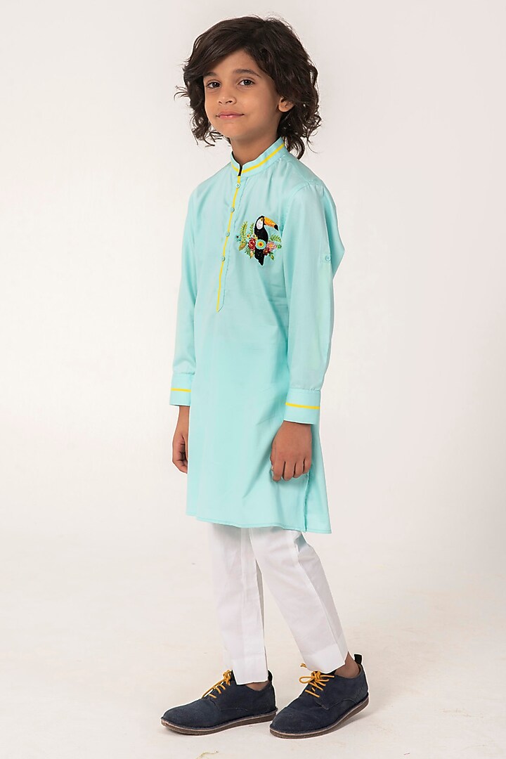 Aqua Blue Cotton Satin Embroidered Kurta Set For Boys by Partykles at Pernia's Pop Up Shop