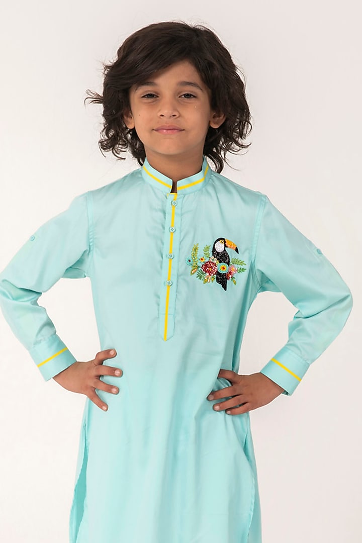Aqua Blue Cotton Satin Embroidered Kurta Set For Boys by Partykles at Pernia's Pop Up Shop