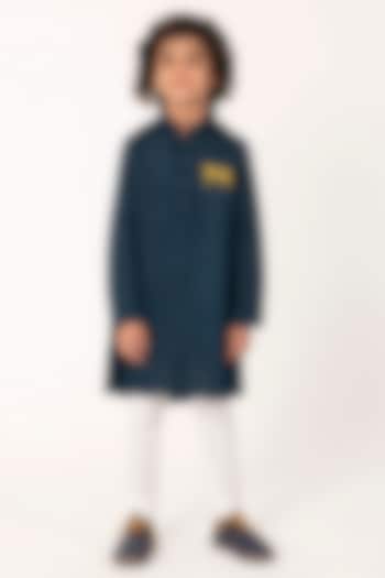 Teal Linen Silk Embroidered Kurta Set For Boys by Partykles at Pernia's Pop Up Shop