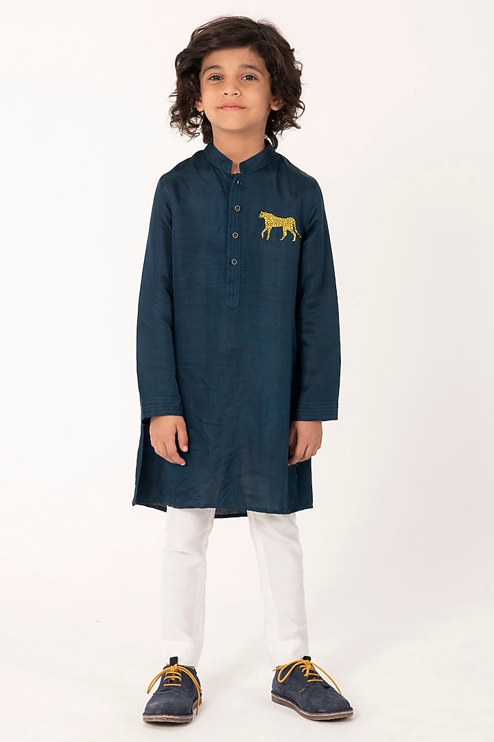 Teal Linen Silk Embroidered Kurta Set For Boys by Partykles at Pernia's Pop Up Shop