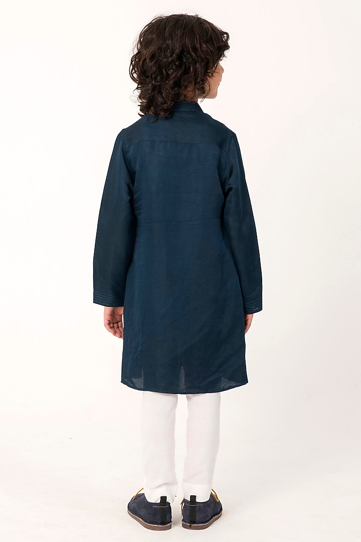 Teal Linen Silk Embroidered Kurta Set For Boys by Partykles at Pernia's Pop Up Shop