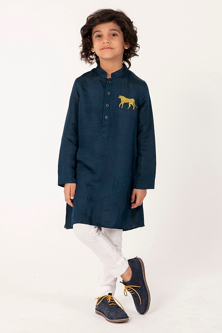 Teal Linen Silk Embroidered Kurta Set For Boys by Partykles at Pernia's Pop Up Shop