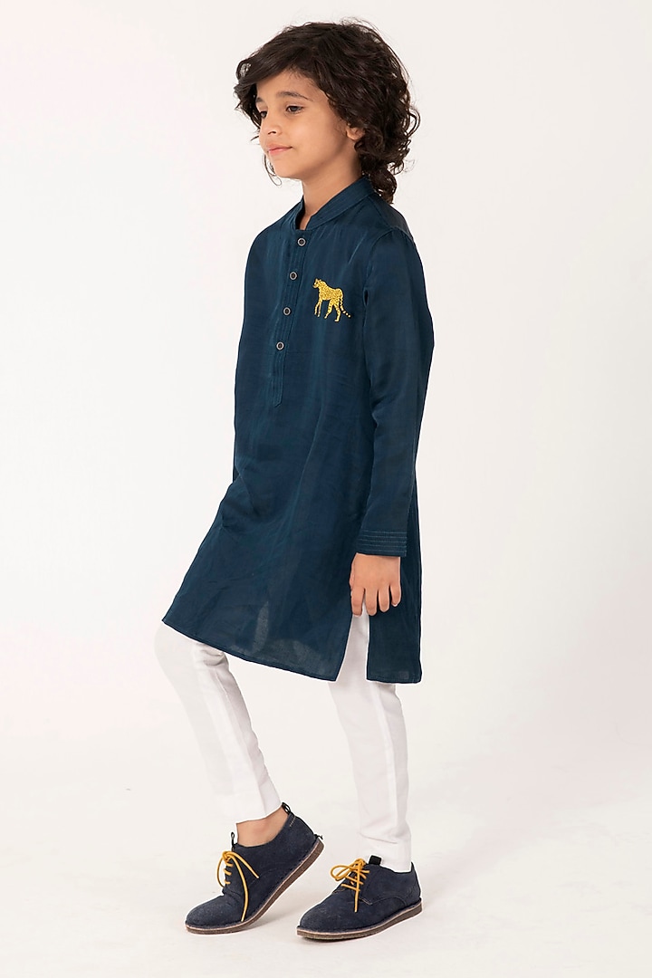 Teal Linen Silk Embroidered Kurta Set For Boys by Partykles at Pernia's Pop Up Shop