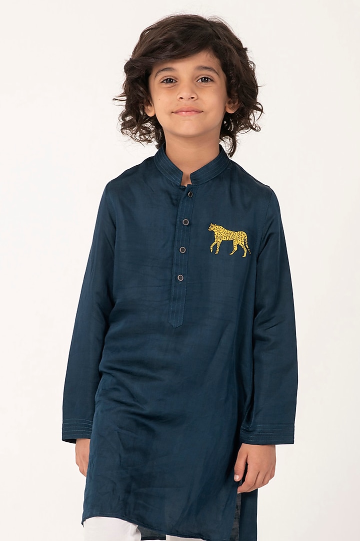 Teal Linen Silk Embroidered Kurta Set For Boys by Partykles at Pernia's Pop Up Shop