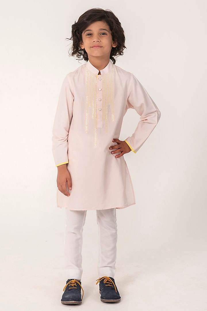 Baby Pink Cotton Silk Embroidered Kurta Set For Boys by Partykles at Pernia's Pop Up Shop