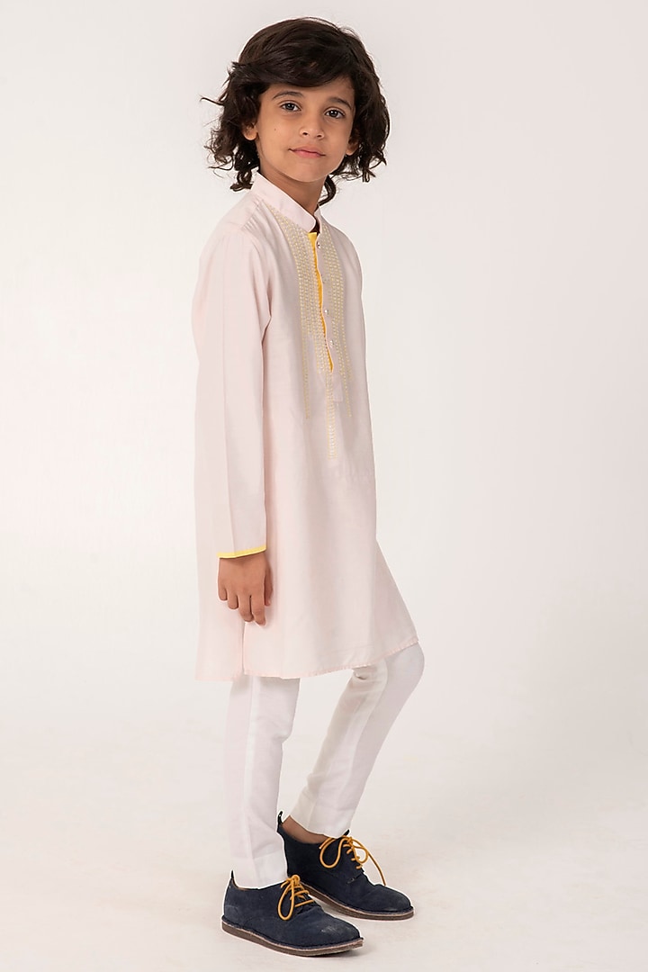 Baby Pink Cotton Silk Embroidered Kurta Set For Boys by Partykles at Pernia's Pop Up Shop